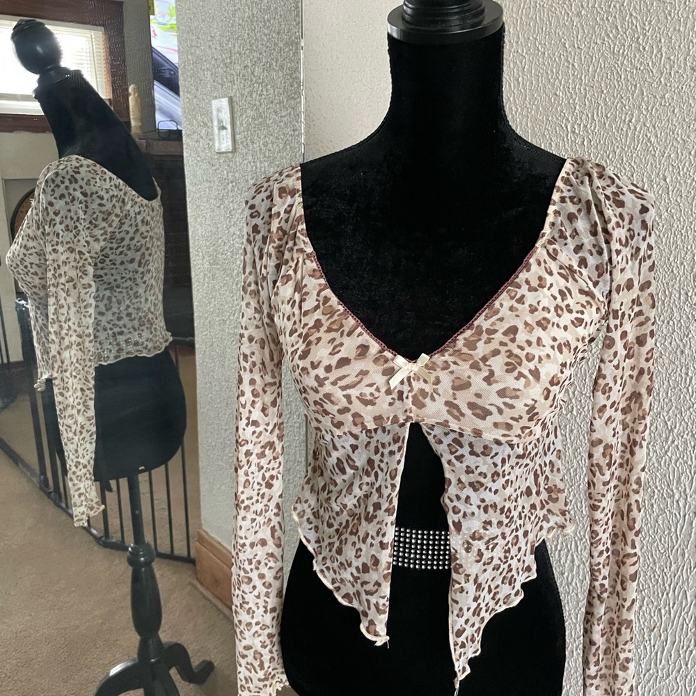 Y2K Mesh Leopard Print Tie Front Top